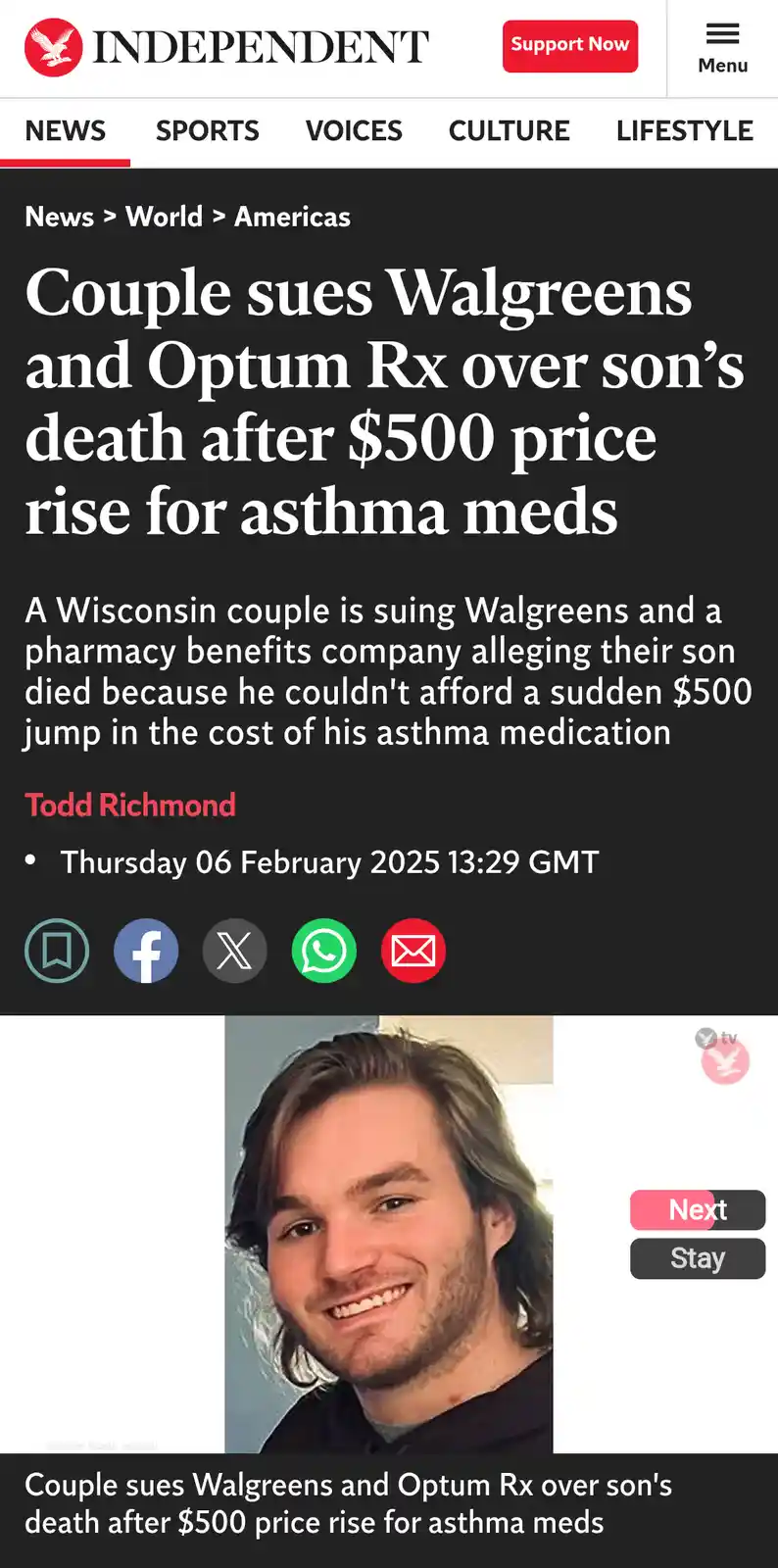 A screenshot of a news article from The Independent shows a headline about a couple suing Walgreens and Optum Rx over their…