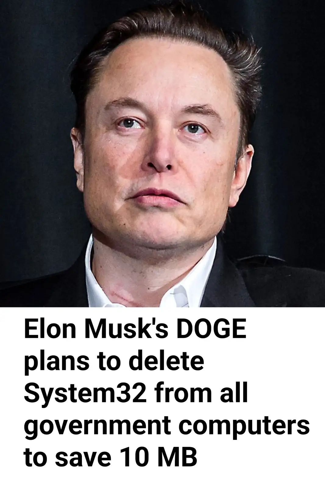 A close-up photo of Elon Musk with a deadpan, unimpressed facial expression, overlaid with bold black text on a white…