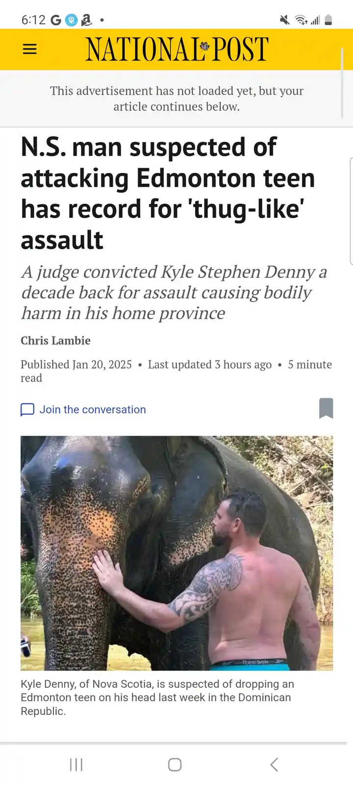 A screenshot of a National Post news article shows a shirtless man with tattoos petting an elephant. The headline reads…