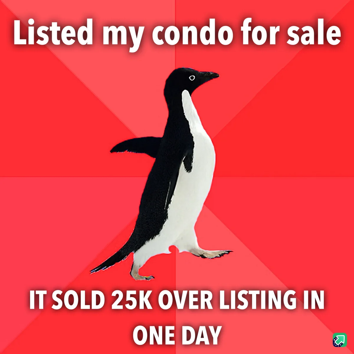 A black-and-white penguin stands against a red background with diagonal stripes. White text at the top reads 'Listed my…