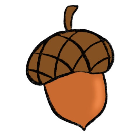 A simple cartoon drawing of an acorn with a brown cap and orange nut body, outlined in black. The image has no background…