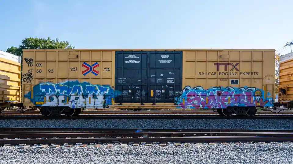 A yellow freight railcar with graffiti on its sides sits on tracks under a clear blue sky. The car has 'TTX RAILCAR POOLING…