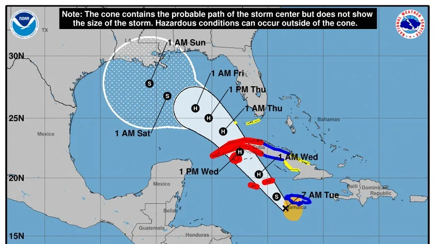 A National Weather Service hurricane forecast map shows a storm's projected path from Jamaica toward the U.S. Gulf Coast…