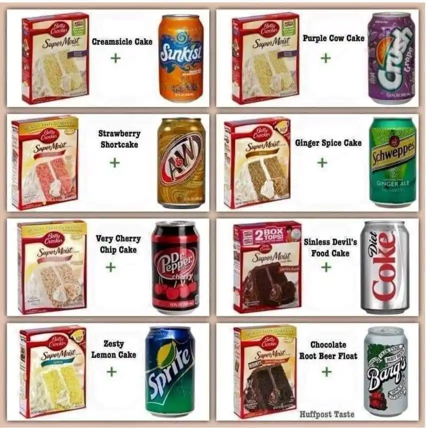 A grid of eight images showing Betty Crocker cake mixes paired with specific soda cans, each combination labeled with a…