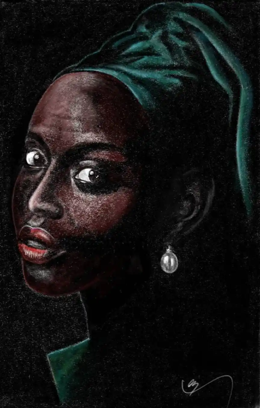 A dramatic chalk pastel portrait of a Black woman with wide, startled eyes, wearing a teal headwrap and pearl earring, set…