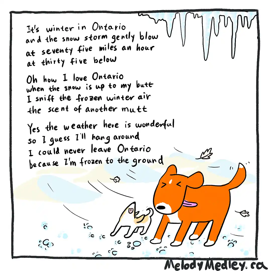 A cartoon drawing shows two dogs in a snowy landscape with icicles hanging from the top. The larger orange dog stands still…