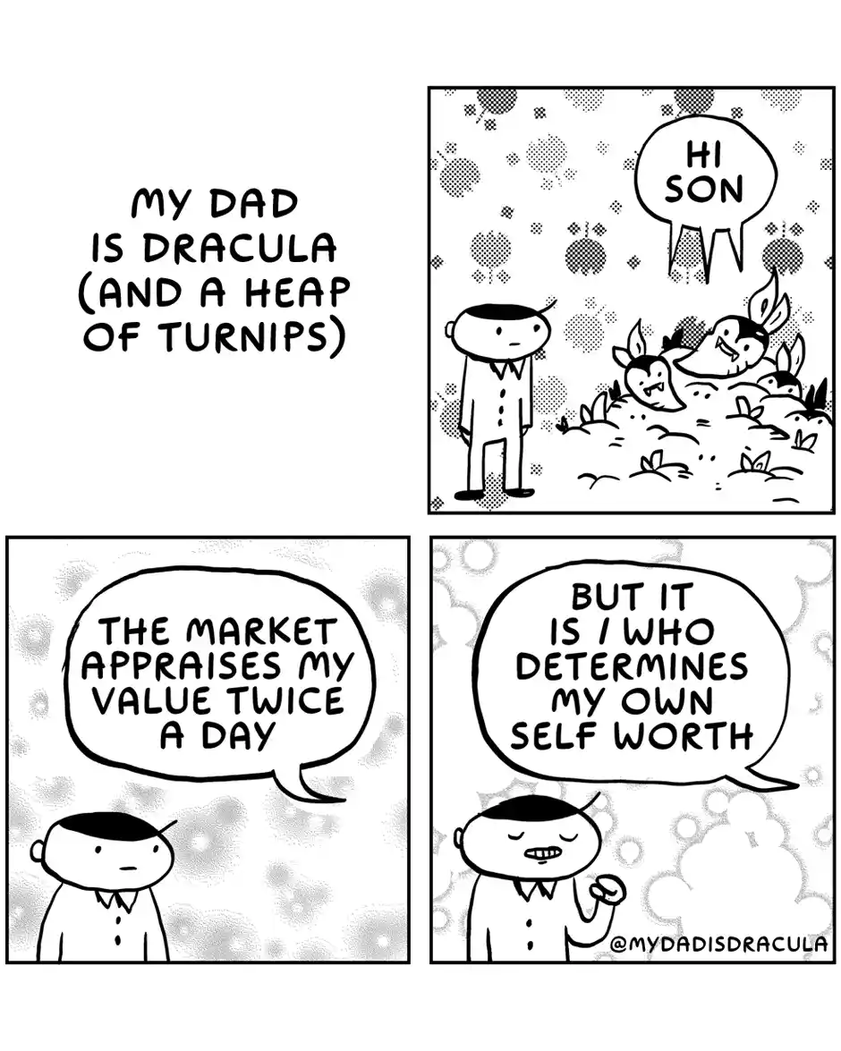 A four-panel comic strip titled 'MY DAD IS DRACULA (AND A HEAP OF TURNIPS)' shows a son encountering his father, Dracula…