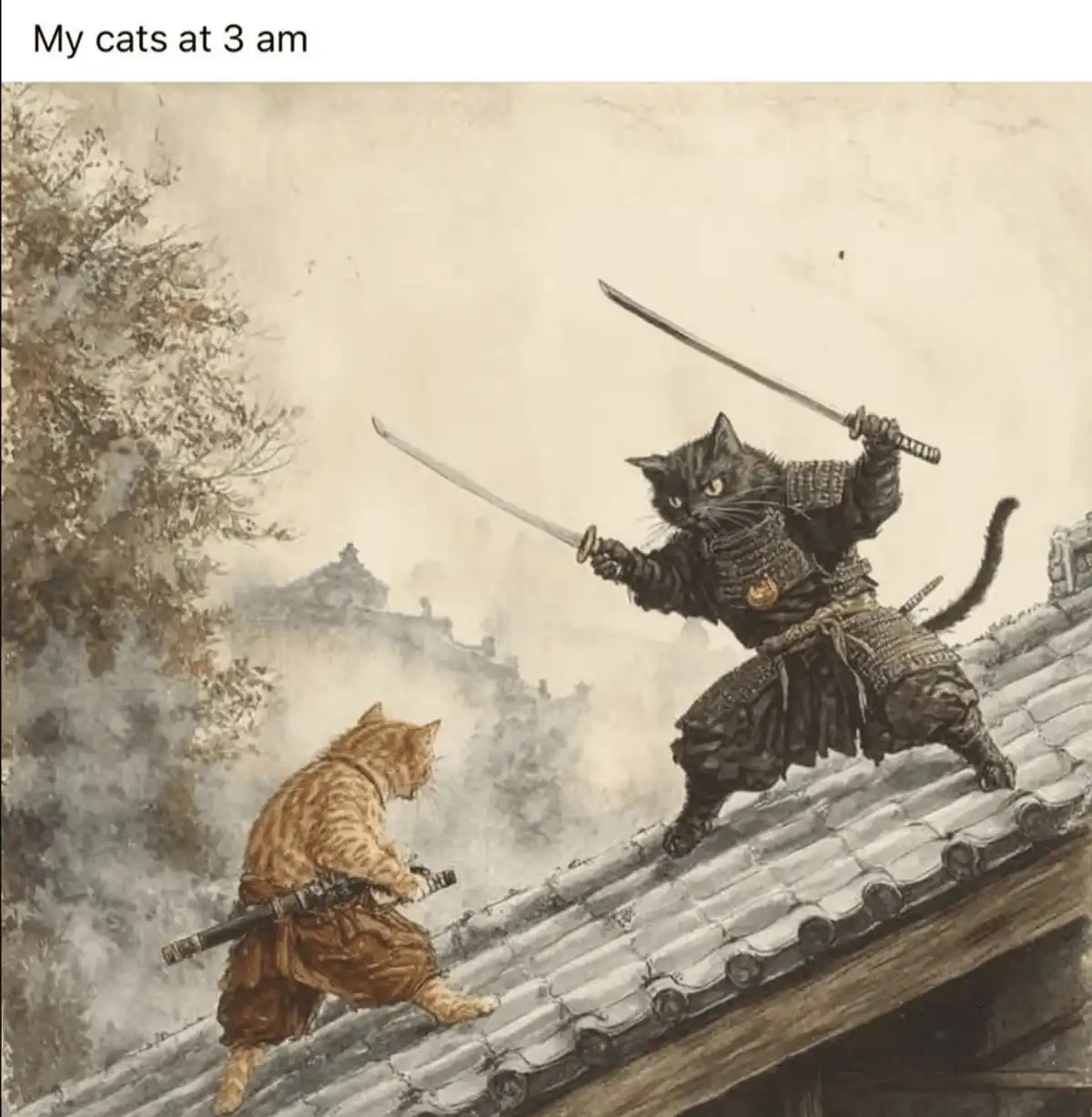 Two cats dressed in samurai armor are depicted on a tiled roof, one black cat wielding two swords in a combat stance facing…