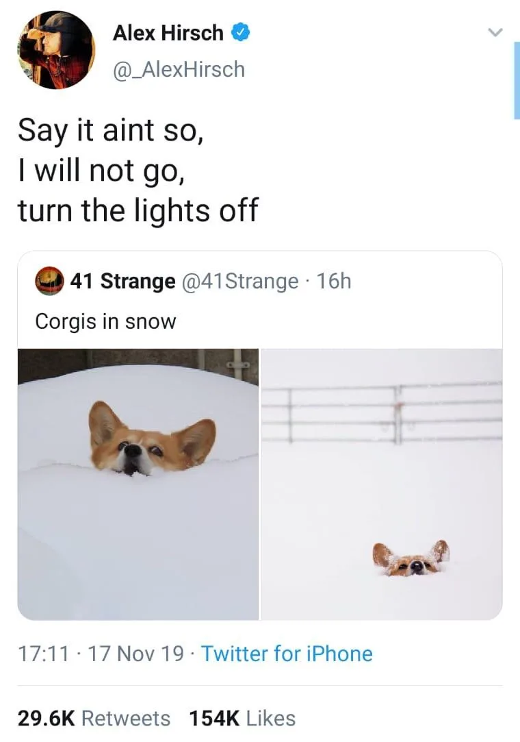 A screenshot of a Twitter thread shows a tweet from Alex Hirsch with the text 'Say it aint so, I will not go, turn the…