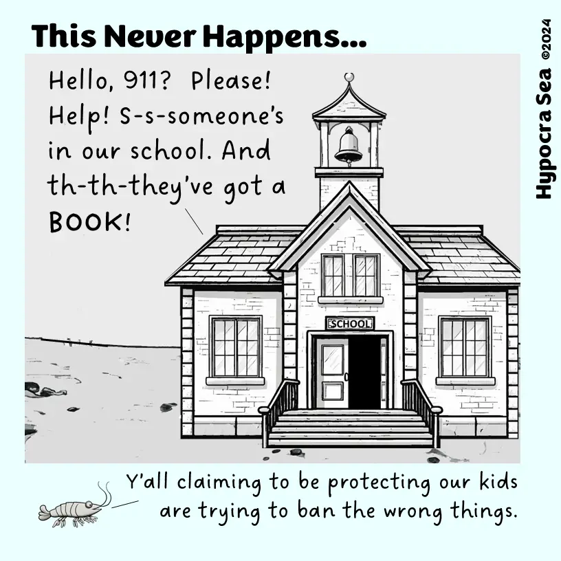 A black-and-white cartoon drawing of a school building with a bell tower, overlaid with text. The top text reads 'This Never…