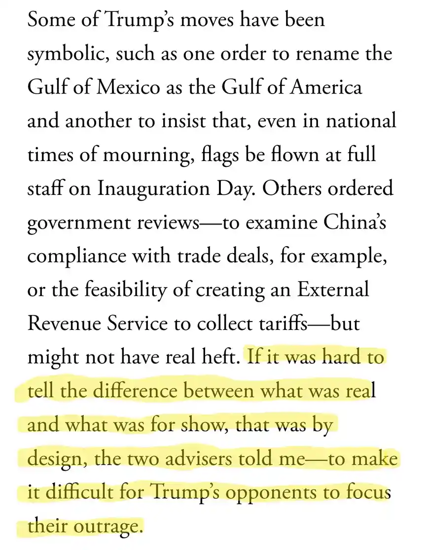 The image displays a block of black text on a white background, excerpted from a news article discussing Trump's policy…
