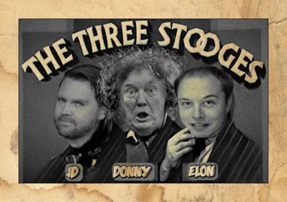 A black-and-white image styled like a vintage movie poster for 'THE THREE STOOGES', featuring three men with labels beneath…
