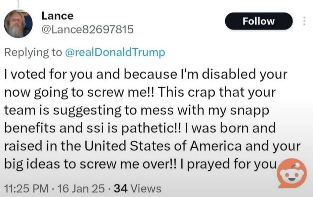 A screenshot of a tweet from user Lance replying to @realDonaldTrump, expressing anger that his disability benefits are…