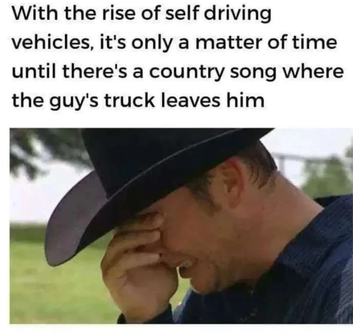 A man wearing a cowboy hat and a blue shirt is shown in profile, holding his face in his hand with a look of despair or…