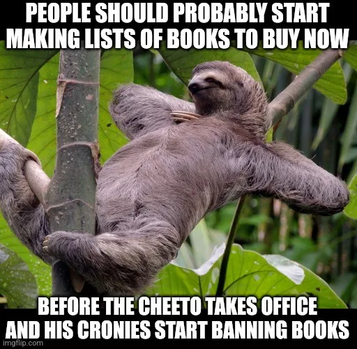 A sloth is hanging lazily from a tree branch in a jungle setting, appearing very relaxed and unbothered. The image has white…