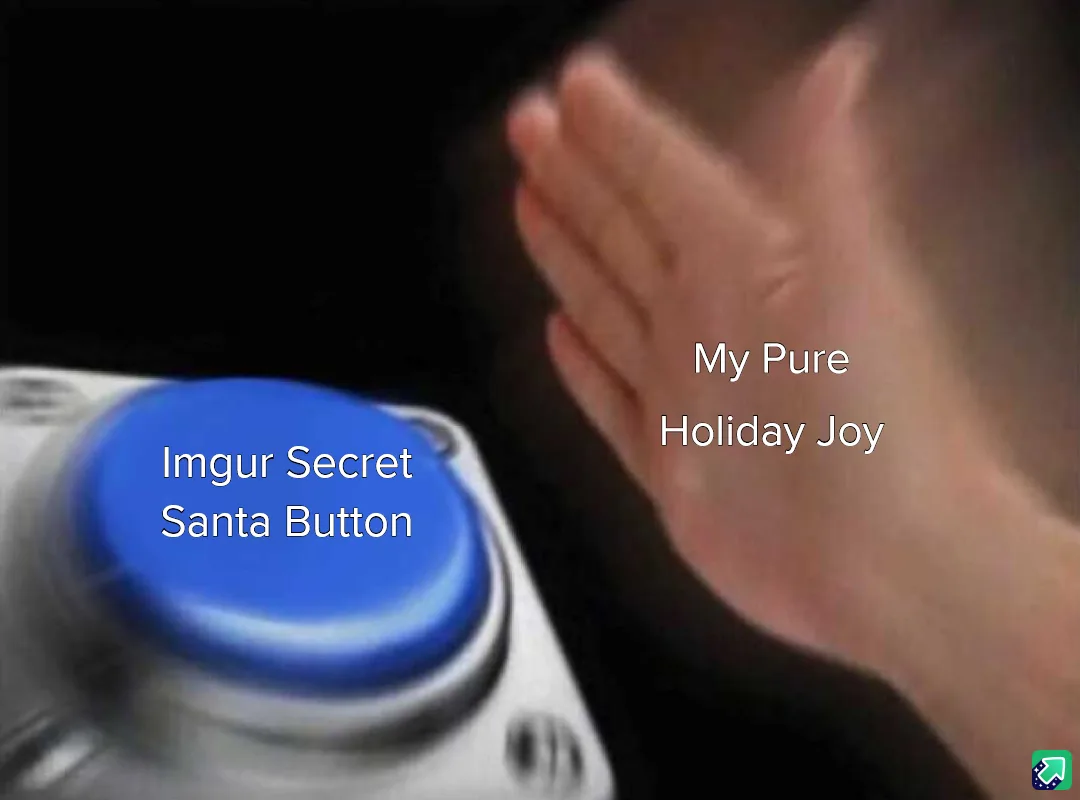 A close-up image shows a hand hovering over a large blue button labeled 'Imgur Secret Santa Button,' with the text 'My Pure…