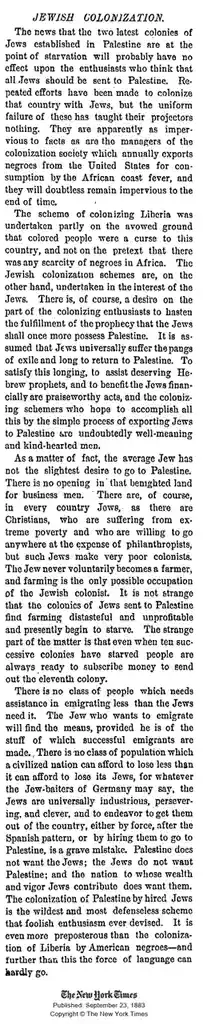 Historical Insight: Jewish Colonization from September 23, 1883 - NYTimes