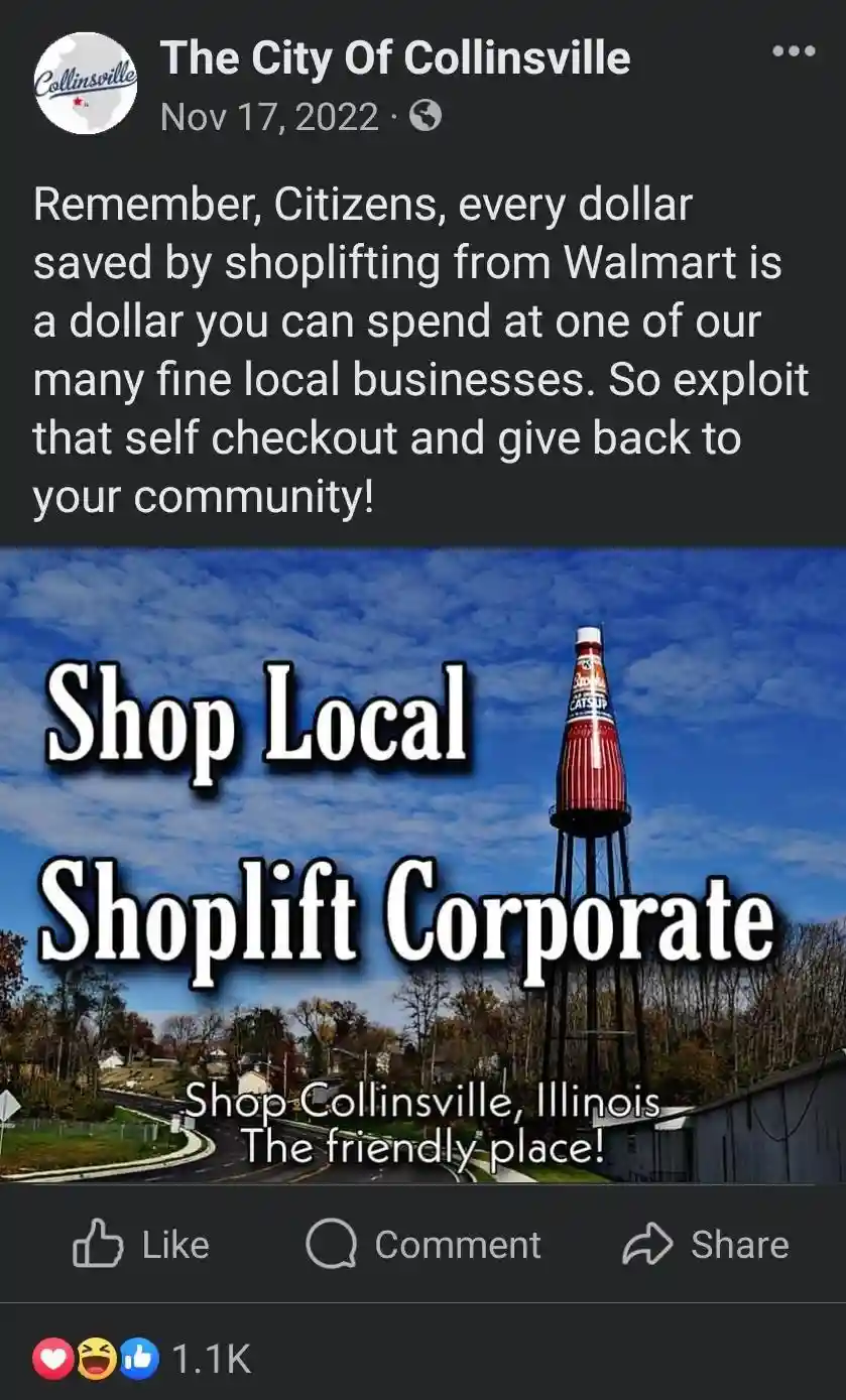 A screenshot of a Facebook post from 'The City Of Collinsville' dated Nov 17, 2022, which reads: 'Remember, Citizens, every…