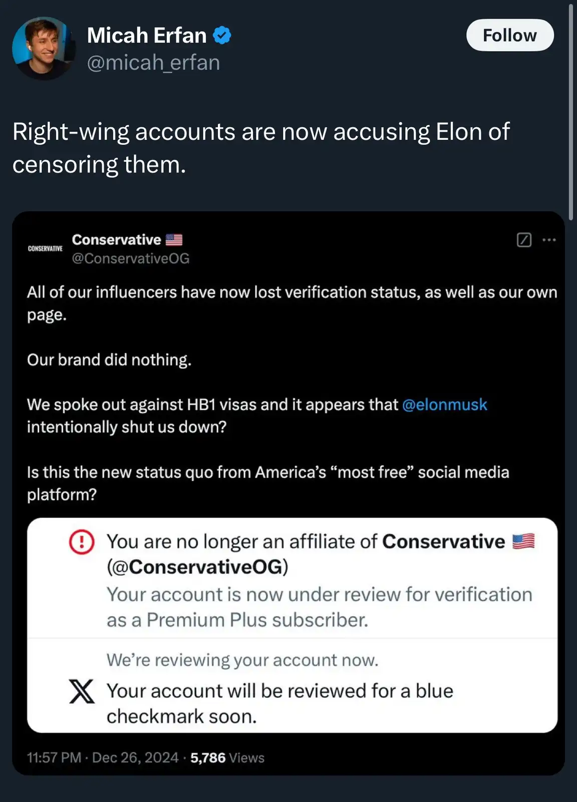 A screenshot of a tweet by Micah Erfan showing a reply from the account @ConservativeOG, which claims its influencers and…