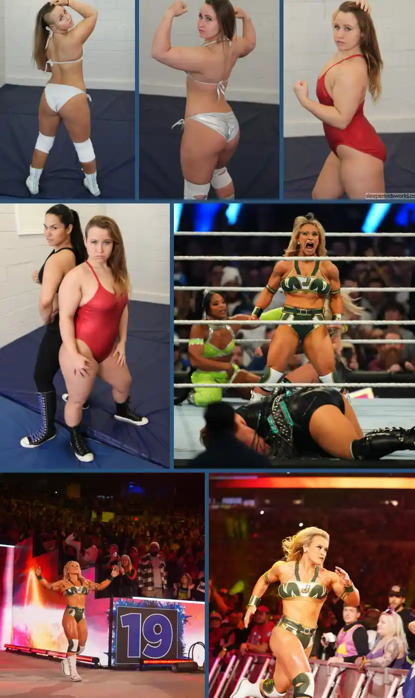 A six-panel collage compares a woman in workout attire posing confidently with professional wrestler Becky Lynch in various…
