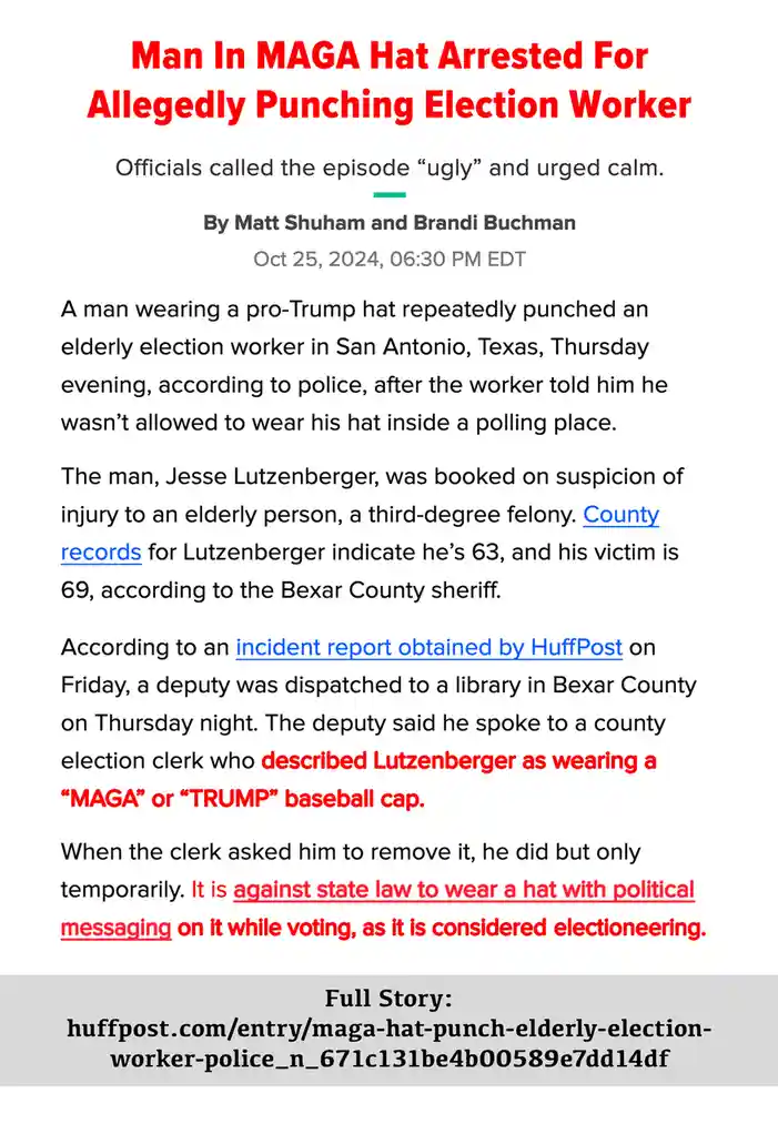 The image displays a screenshot of a HuffPost news article dated October 25, 2024, with a red headline reading 'Man In MAGA…