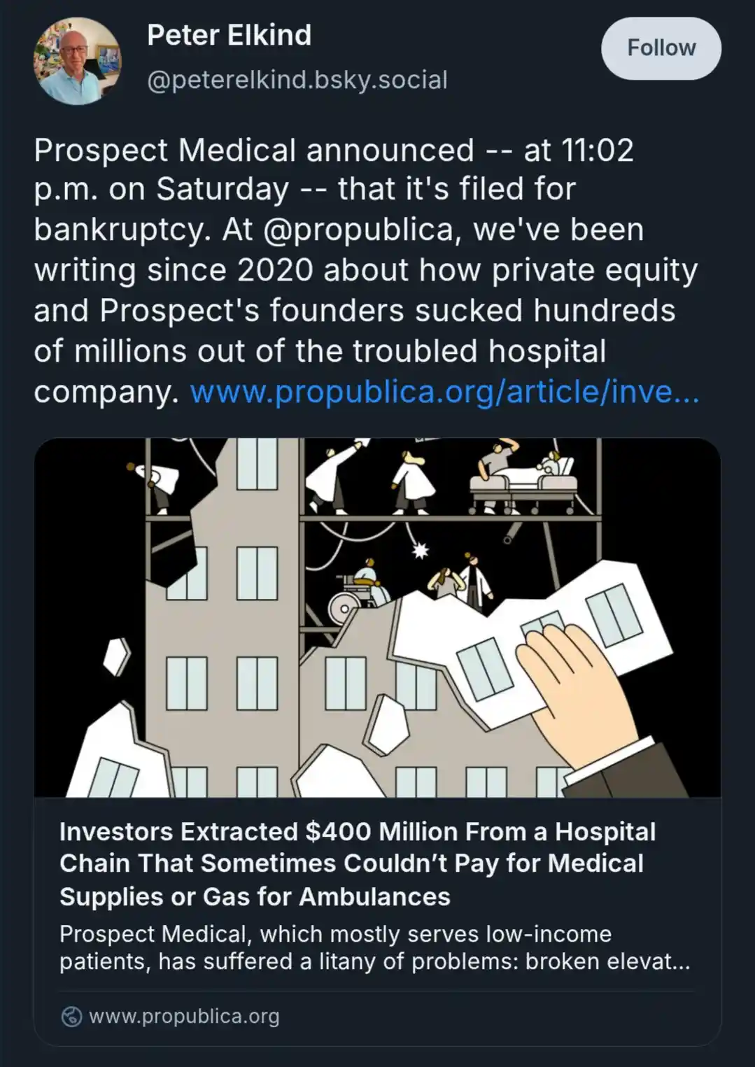 An illustration shows a hand pulling apart a building, revealing patients and medical staff inside, while the overlaid text…