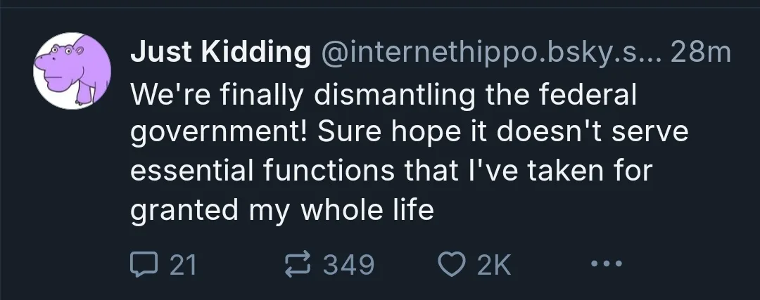 A screenshot of a social media post by 'Just Kidding' with a purple hippo avatar. The post reads: 'We're finally dismantling…