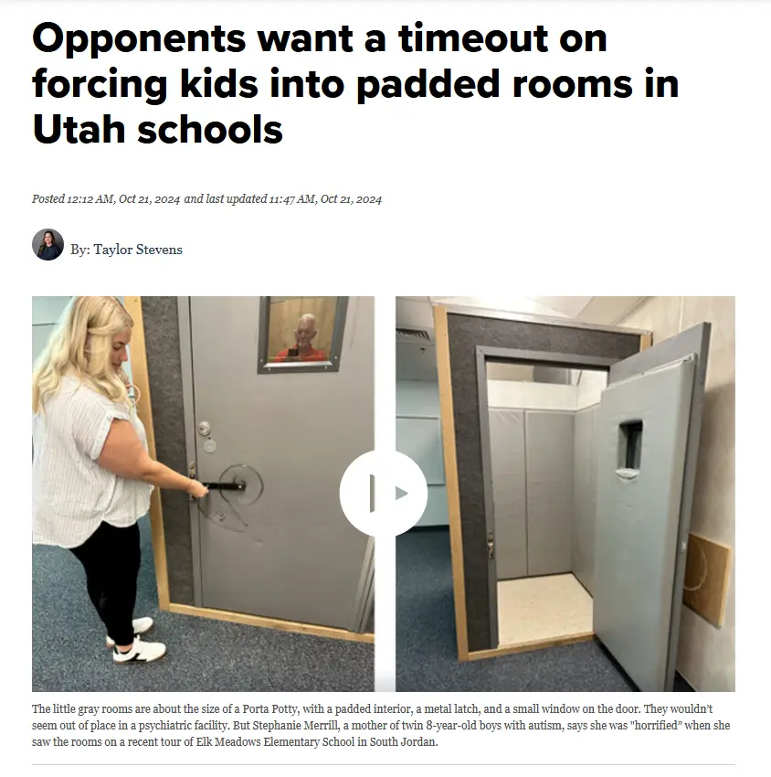 A news article screenshot shows a woman opening a heavy gray door to reveal a small, padded room with a small window…
