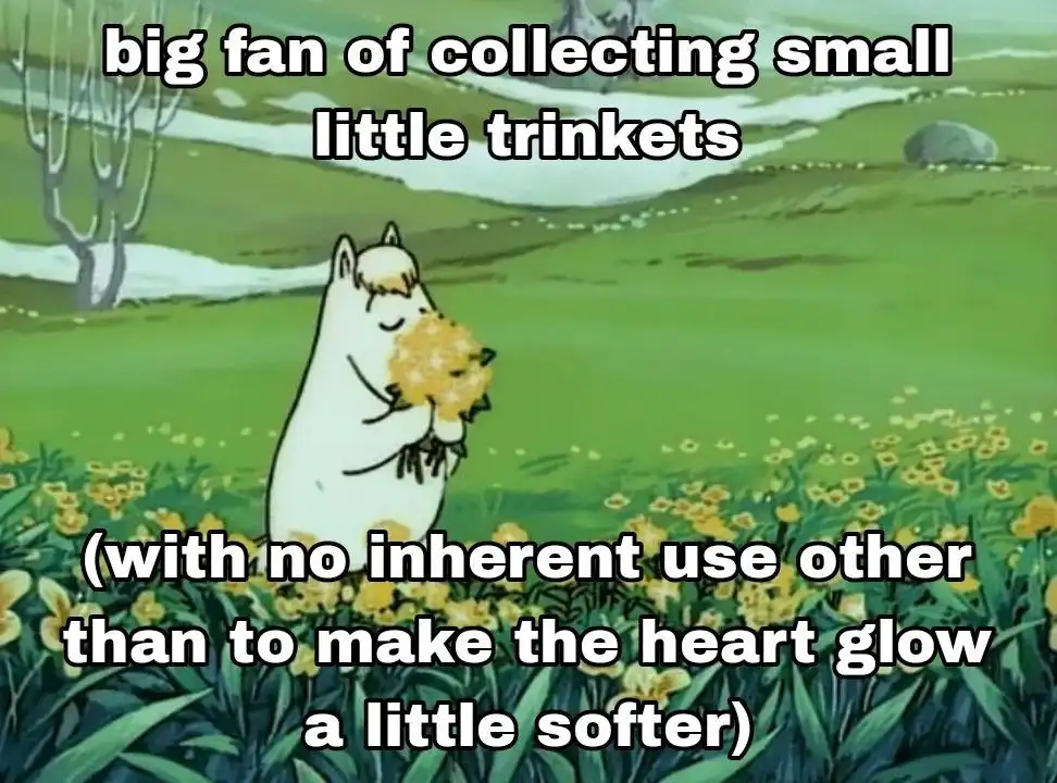 A white, fluffy cartoon character stands in a field of yellow flowers, holding a large bouquet of them. The image has white…