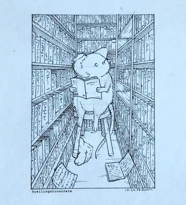 A black-and-white line drawing shows a cartoon bear sitting on a stool in a narrow library aisle, surrounded by tall…