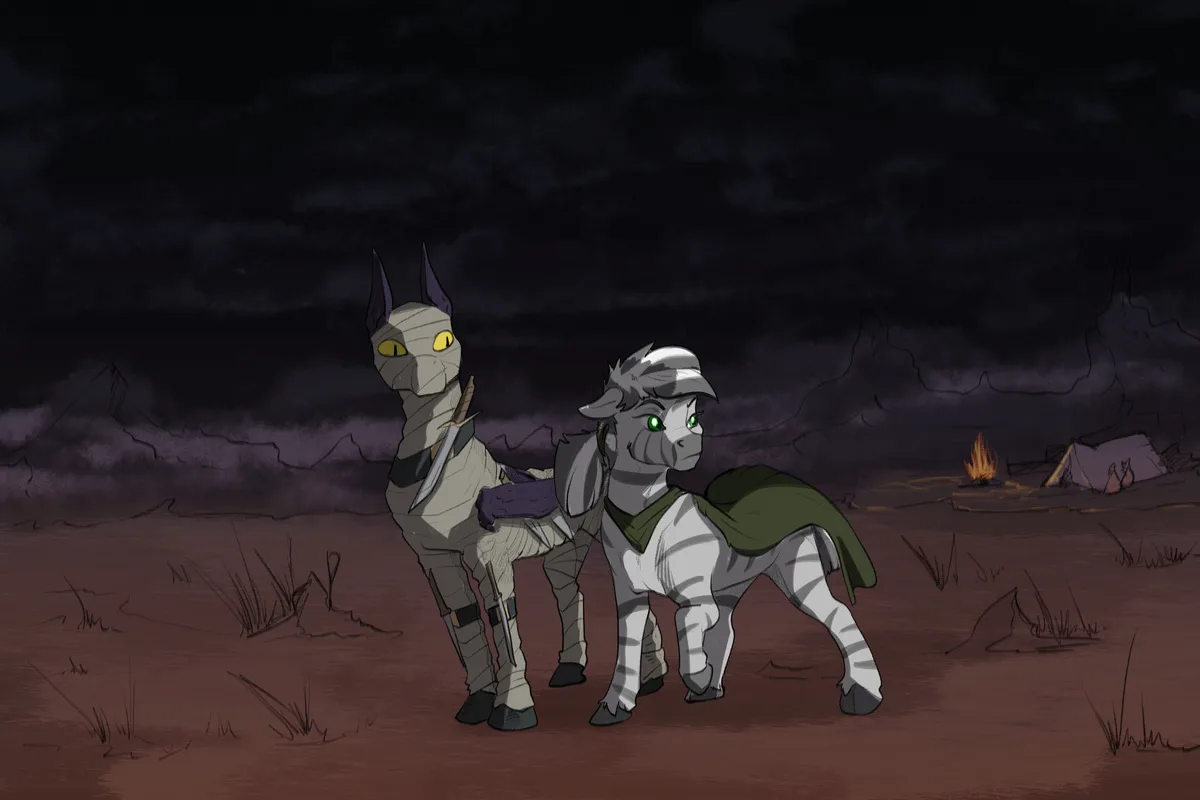 Two anthropomorphic zebras stand in a dark, desolate landscape under a stormy sky. The zebra on the left is wrapped in…