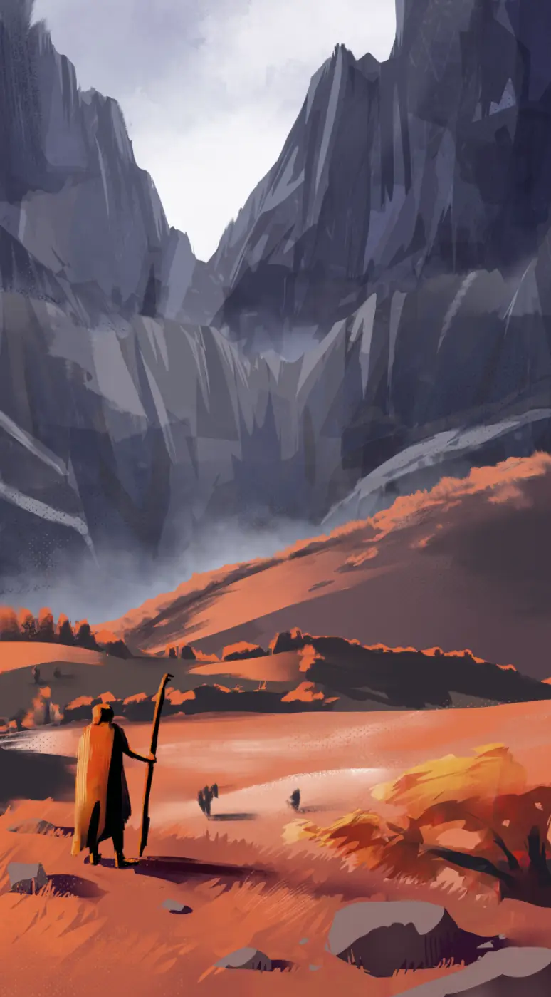 A lone figure in a long cloak and holding a staff stands in an orange-hued desert valley, facing towering, mist-shrouded…