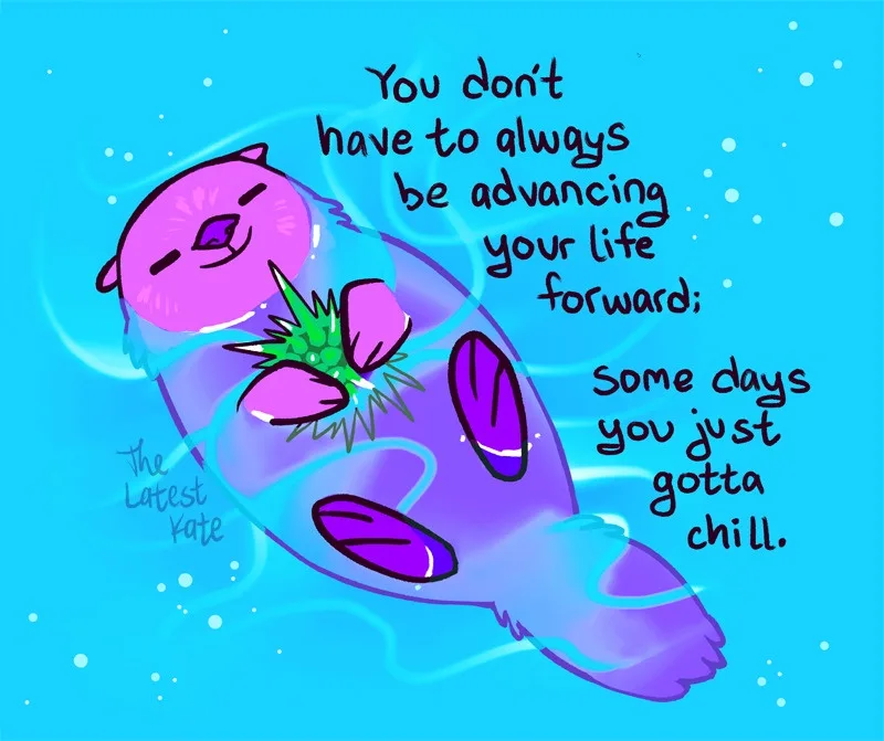 A cartoon pink otter with a purple body is floating peacefully underwater, holding a green sea urchin. The background is…