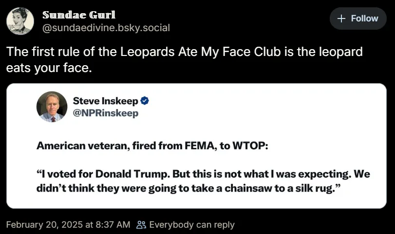 A screenshot of a social media post by 'Sundae Gurl' that overlays a quote from Steve Inskeep's NPR segment. The quote is…