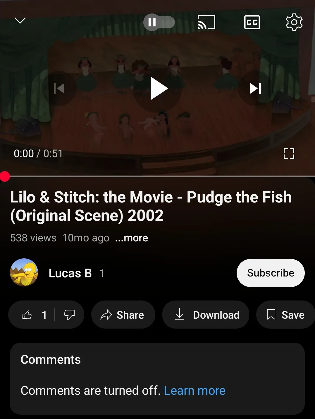 A YouTube video player interface shows a paused clip from 'Lilo & Stitch: the Movie' featuring a hula dance scene with…