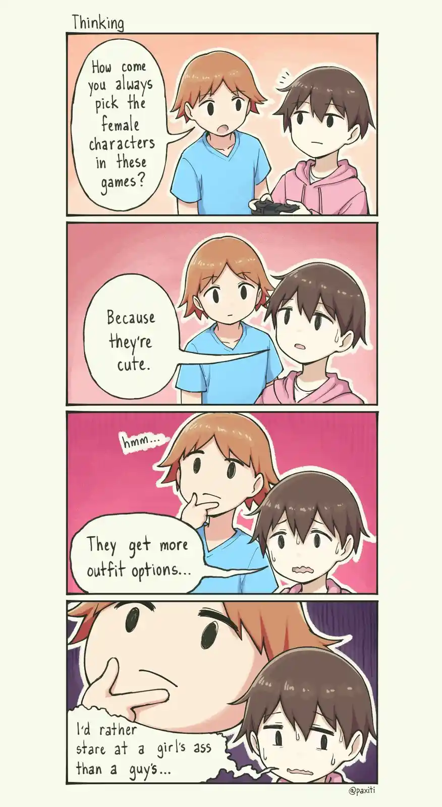 A four-panel comic shows two anime-style boys discussing why one always picks female characters in games. The first asks…