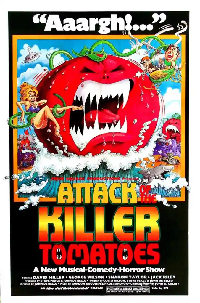 This is a vintage movie poster for the 1978 film 'Attack of the Killer Tomatoes,' featuring a giant, monstrous red tomato…