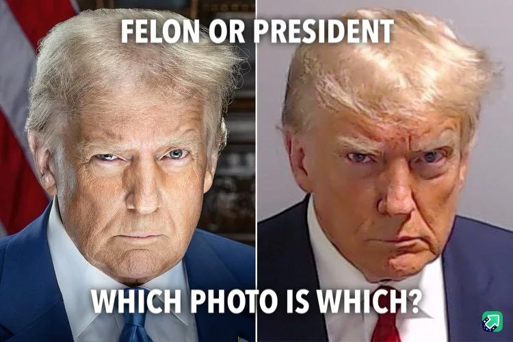 The image is split into two side-by-side photos of Donald Trump. The left photo shows him in a formal suit with an American…