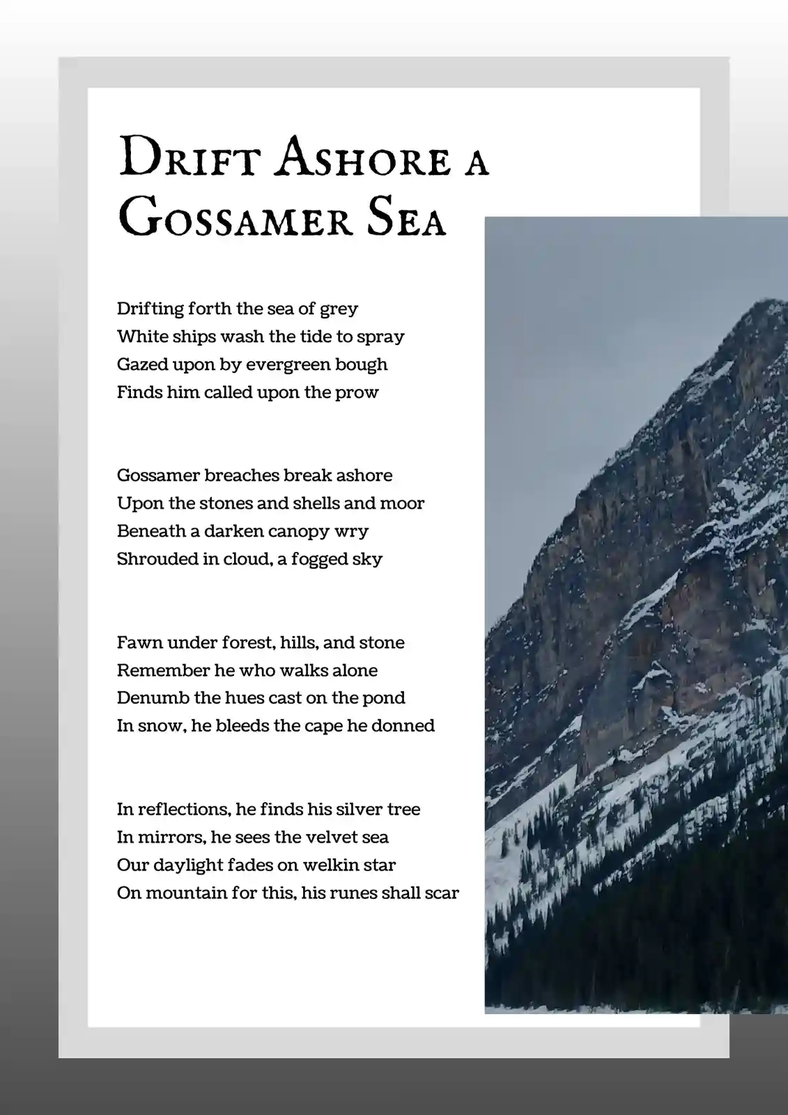 The image displays a poem titled 'Drift Ashore a Gossamer Sea' on the left side, with a photograph of a snow-dusted mountain…