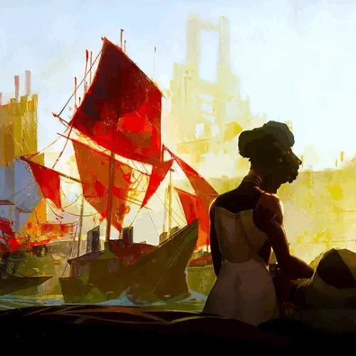 A six-panel image shows a woman in a white dress sitting on a boat, looking at red-sailed ships against a hazy city skyline…