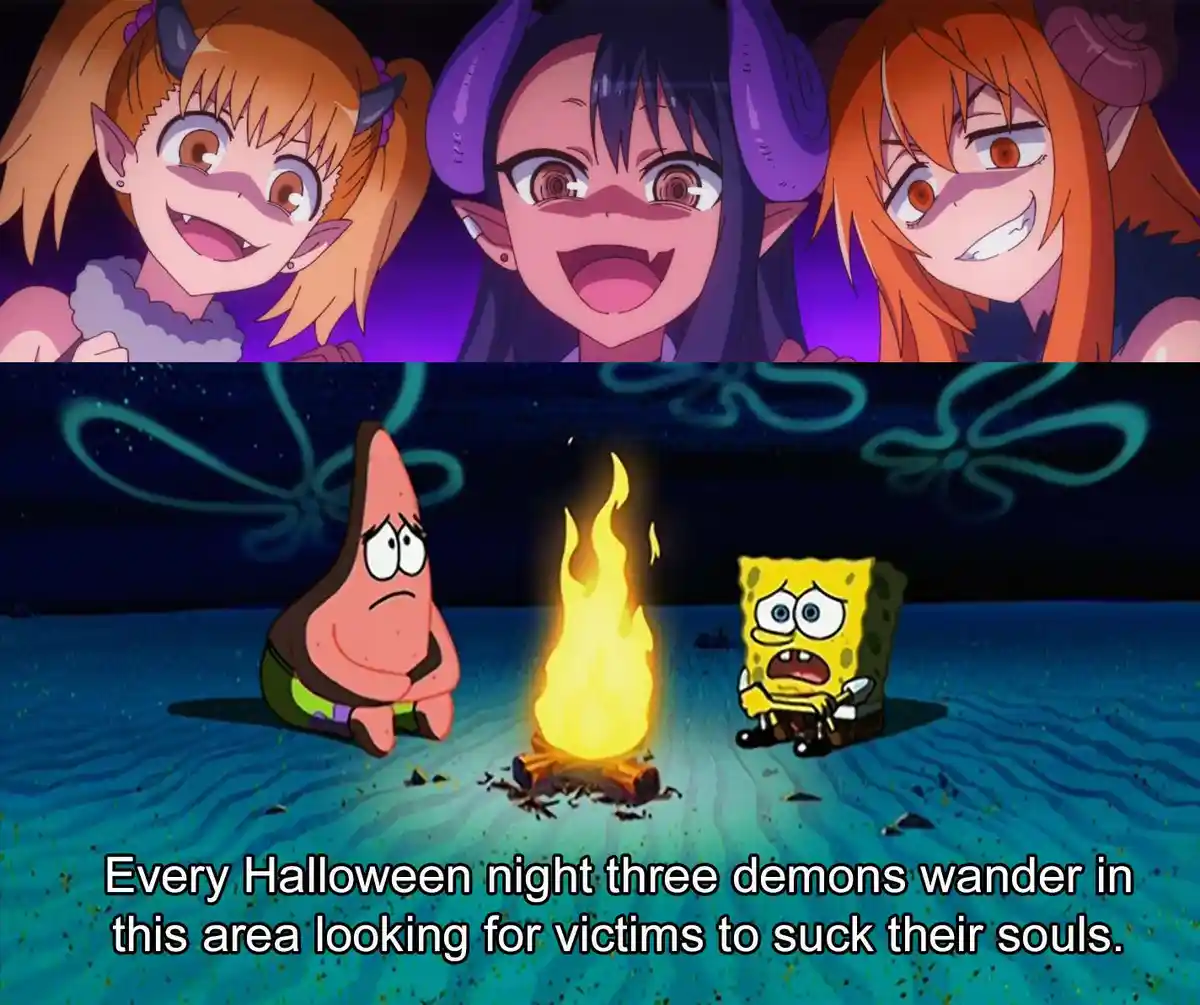 The top panel shows three anime-style demon girls with horns and fangs, grinning menacingly. The bottom panel shows…