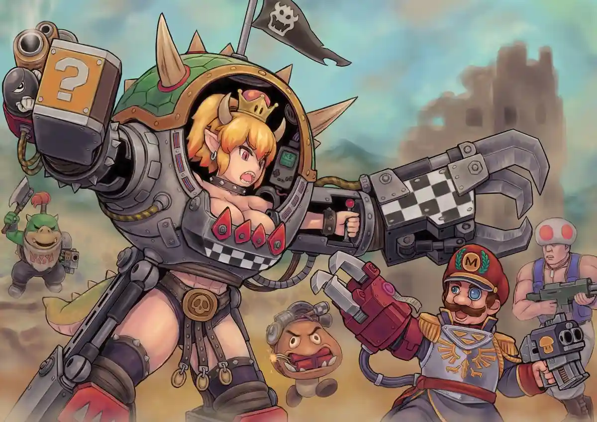 A heavily armored, mech-like Bowsette (Bowser x Princess Peach) with a skull flag and question block arm dominates the…