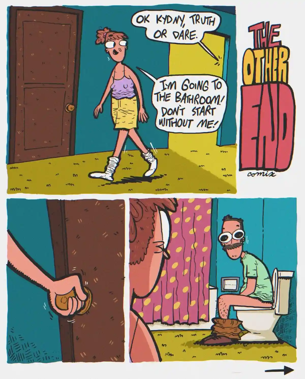 A two-panel comic strip from 'The Other End' shows a woman walking away from a door, saying 'OK KYDNY, TRUTH OR DARE.' and…
