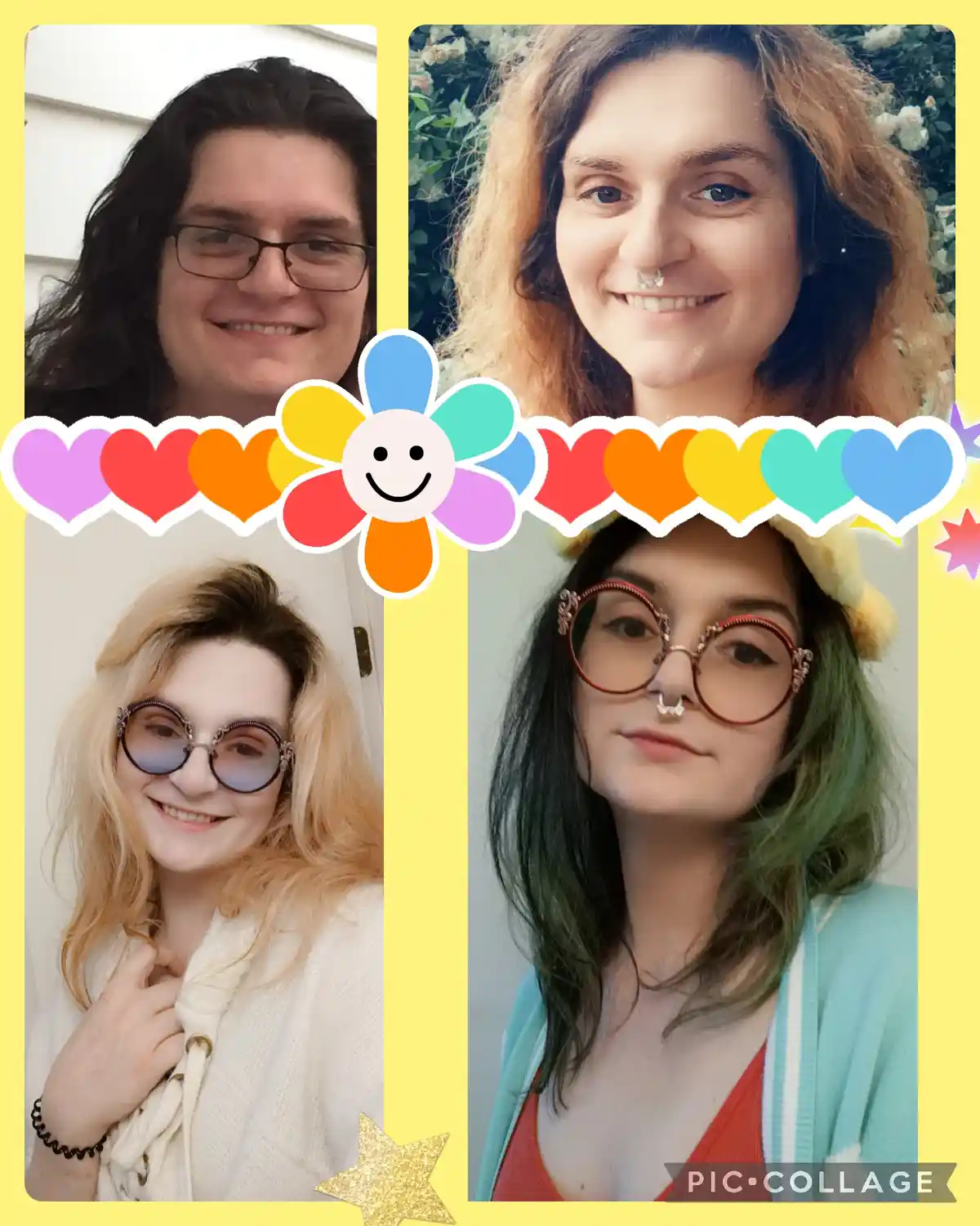 A four-panel photo collage featuring four different people, each smiling and looking at the camera. The images are decorated…