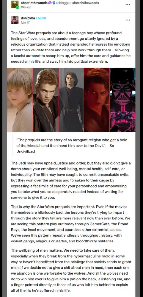 A vertical collage of five images showing Anakin Skywalker at different ages, from a young boy to Darth Vader, overlaid with…