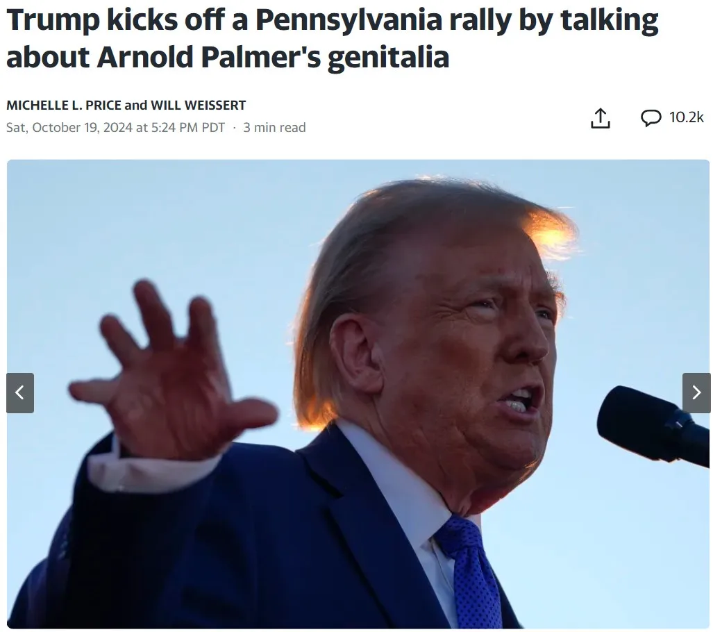 A screenshot of a news article header showing a photo of Donald Trump speaking at a rally, with his hand raised and a…