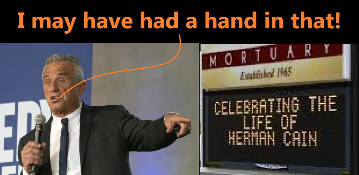 The image shows a split-screen: on the left, a man in a suit holding a microphone and pointing toward the right, with orange…