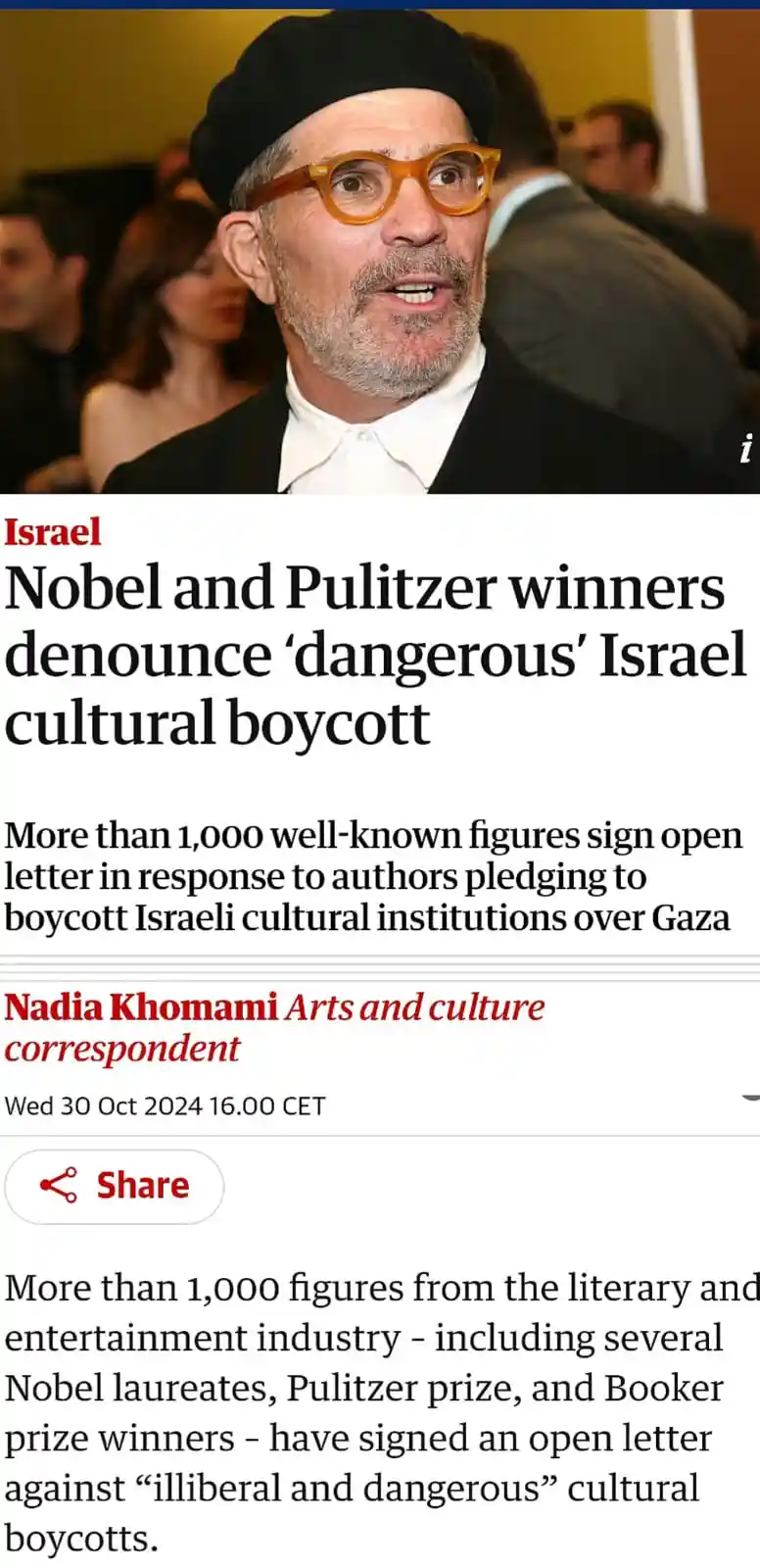 A screenshot of a news article from 'Israel' section, featuring a photo of a man with orange glasses and a black beret. The…