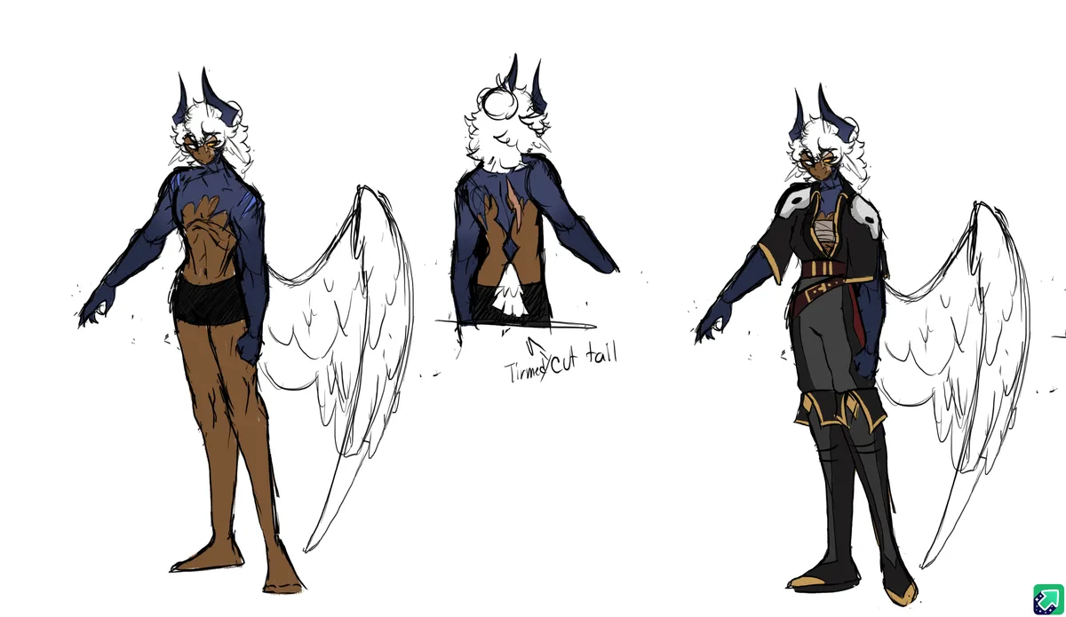 Three character design sketches show an anthropomorphic figure with white hair, dark horns, and large white wings. The left…
