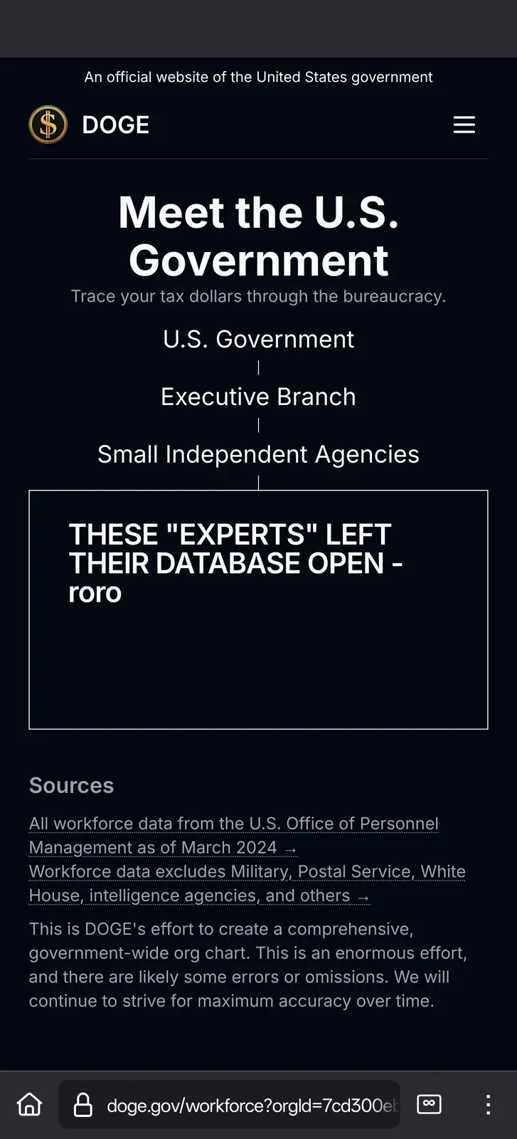 A screenshot of a website titled 'DOGE' with a dark theme, mimicking a government site. It shows a hierarchical org chart…